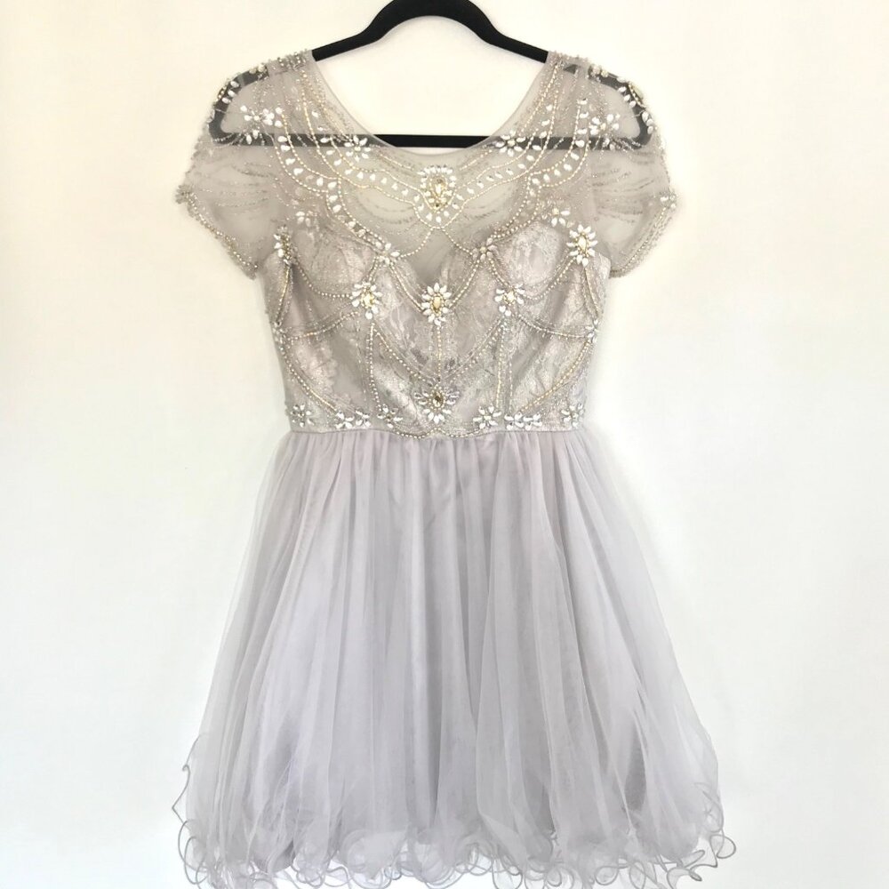 NWT Dancing Queen Silver Mini Fit & Flare Dress Rhinestone Cocktail Wedding Prom